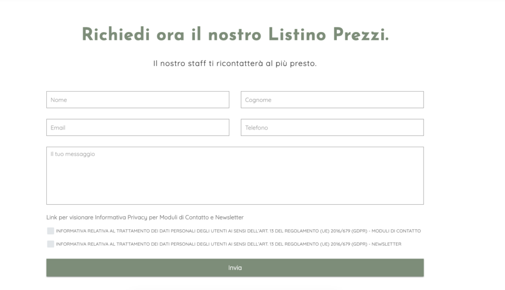 form di contatto per richiedere listino prezzi