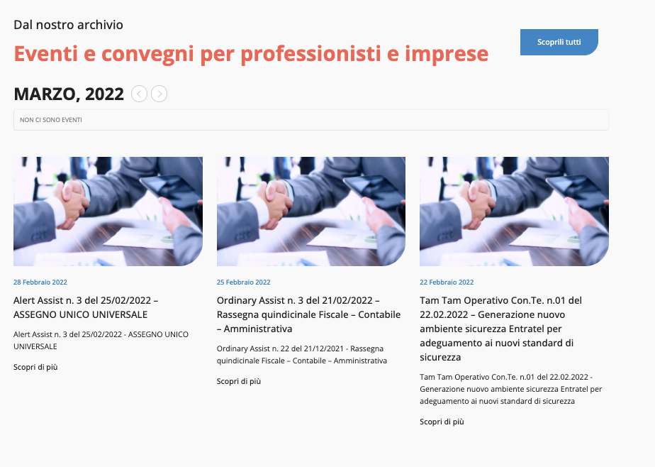 Sezione eventi nella home page del sito