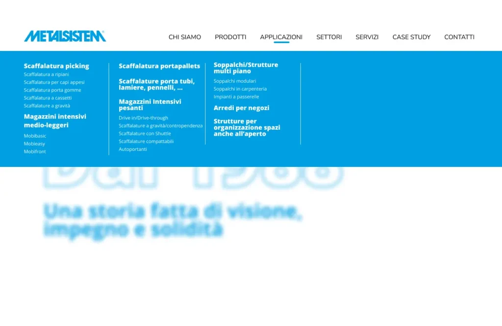 Menu del sito Metalsistem Lombardia organizzato per applicazioni