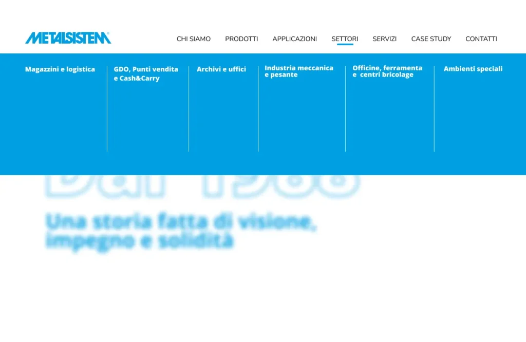 Menu del sito Metalsistem Lombardia organizzato per settori