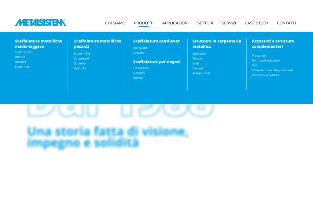Menu del sito Metalsistem Lombardia organizzato per prodotti
